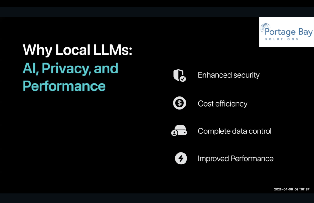 Slide 1, showing the advantages of local LLMs like: enhanced security, cost efficiency, complete data control, and improved performance